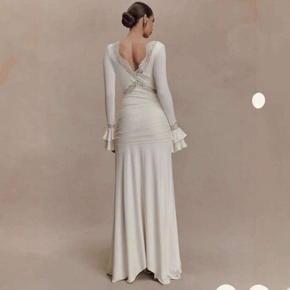 2025 Autumn Sleeve Sexy Maxi For Women Fashion Lace Patchwork V Neck Backless Draped Ruched Club Party Long Dress C260312