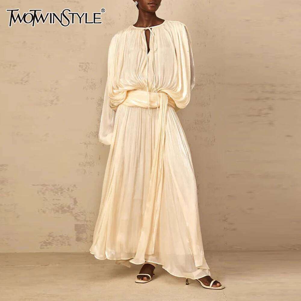 TWOTWINSTYLE Solid Loose Spliced Folds Elegant Dresses for Women Round Neck Long Sleeves Patchwork Lace Up Dress Female Fashion C260312
