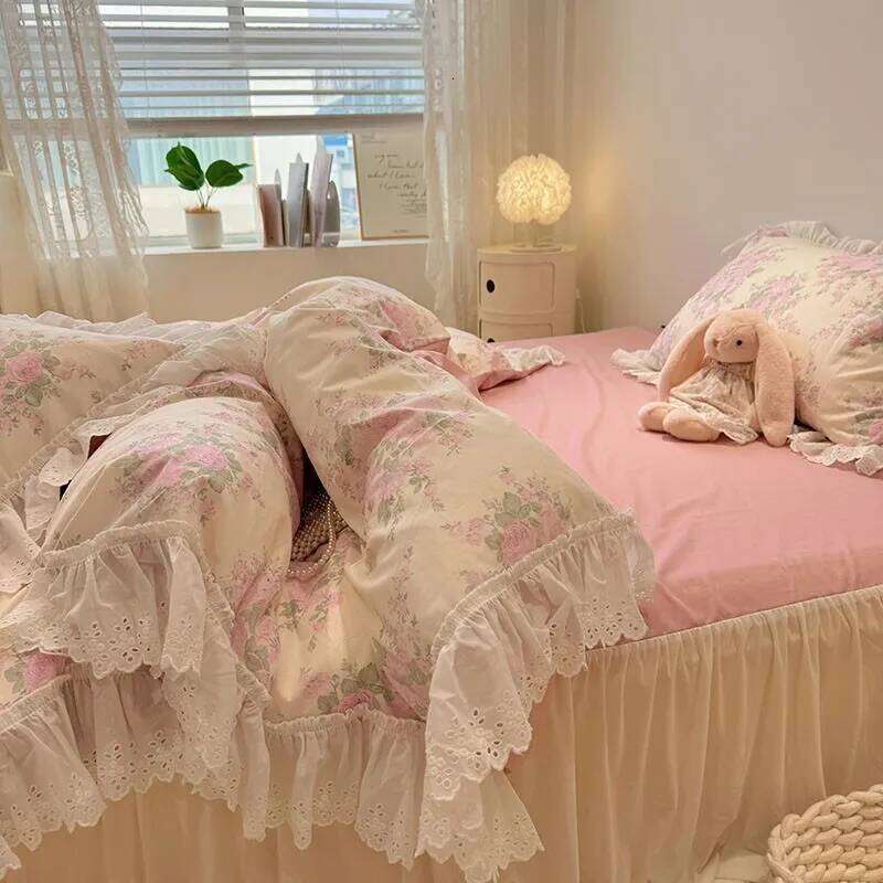 4Pcs Vintage Floral 100%Cotton Soft Bedding Set White Lace and Ruffle Comforter Cover Queen size1Duvet+1Bedskirt+2Pillow shams H260312