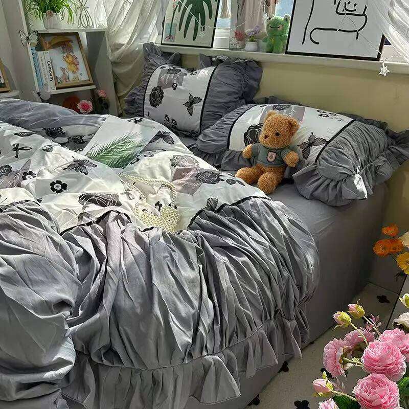 French Vintage Floral Bedding Four-Piece Elegant Flat Bed Sheet Set With 2 Pillowcases Twin Queen Size For Women Girls H260312