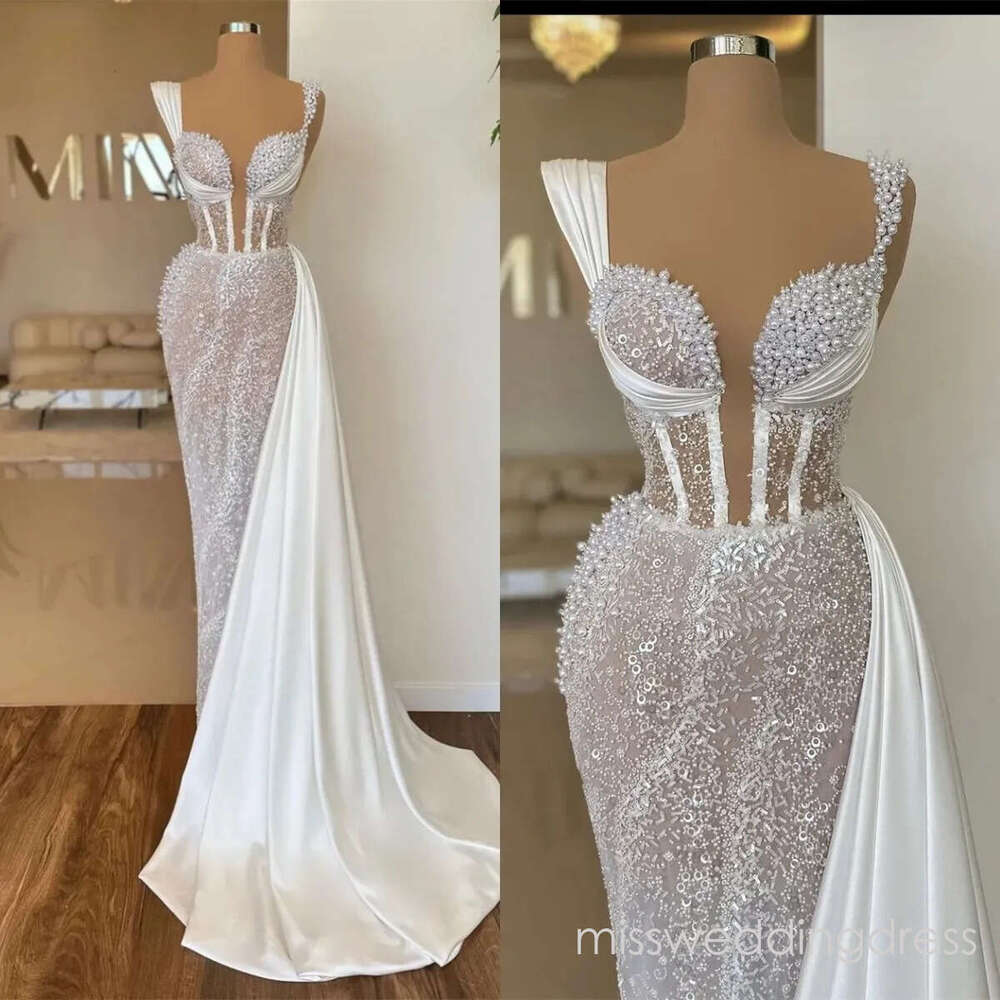 Elegant See Through Mermaid Wedding Dresses Pearls Sequins Bridal Gowns Detachable Train Spaghetti Straps Custom Made Sleeveless Bride Vestido de novi
