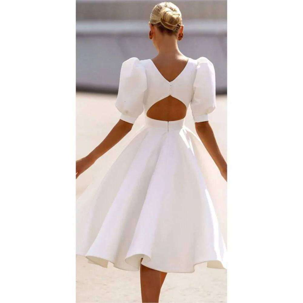 Sexy Backless Midi Dress Woman's Summer Fashion O-neck Short Sleeves Solid Color High Waist Dresses Ladies Elegance Vestidos C260312