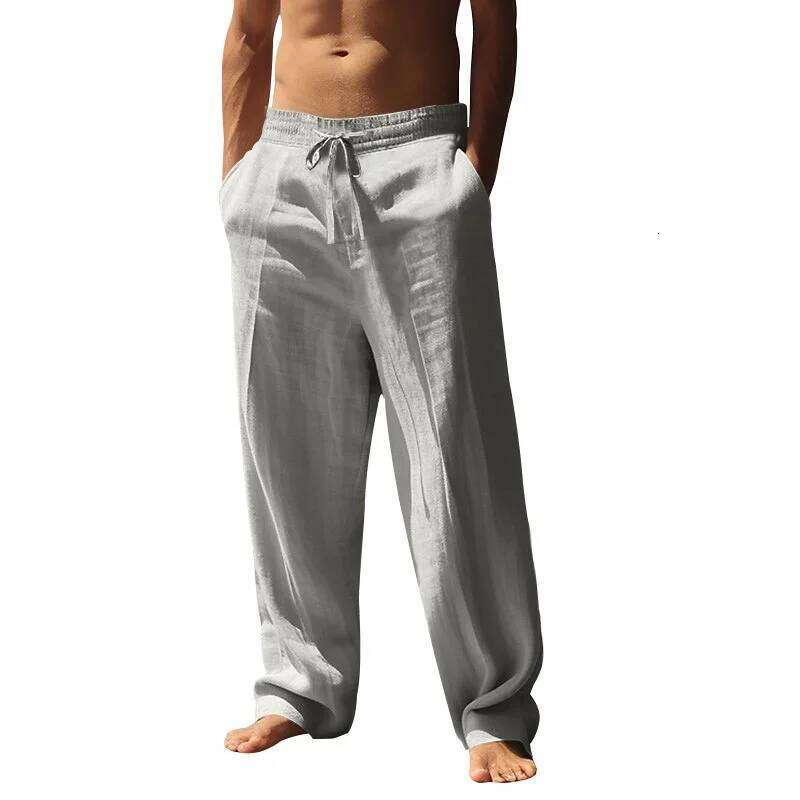Cotton linen men's 2025 summer new loose casual high waisted breathable plus size Haren pants slimming wide trousers