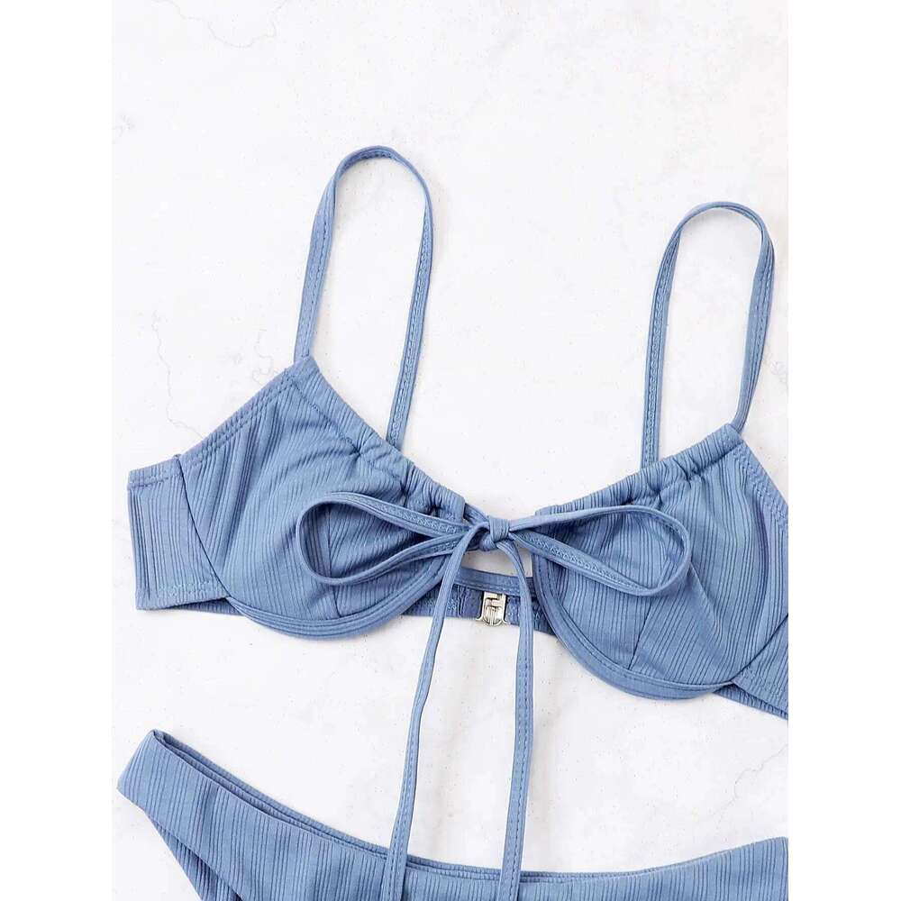 2025 Push Up Bikini Women Rib Tie Front Swimsuit Sexy Underwire Swimwear Female Bathers Bathing Swimming Suit Summer Beachwear Y260303