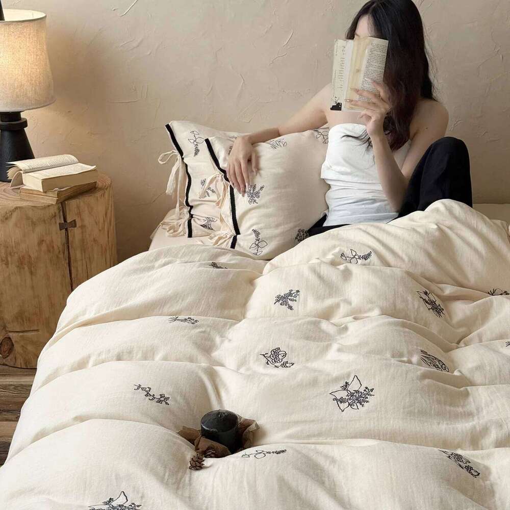 Soft breathable four-piece set pure girl heart double yarn bed sheet quilt cover H260312