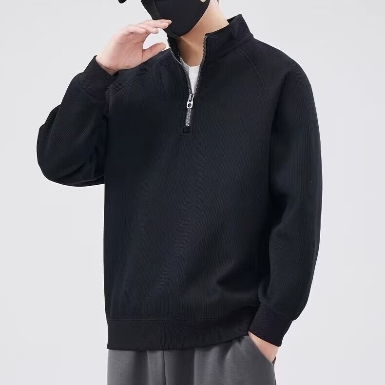 Fleece-lined Thickened Half-zip Sweatshirt For Men Loose Fit Spring And Autumn New Autumn And Designer Hoodie Winter Trendy Brand Stand Collar Pullove