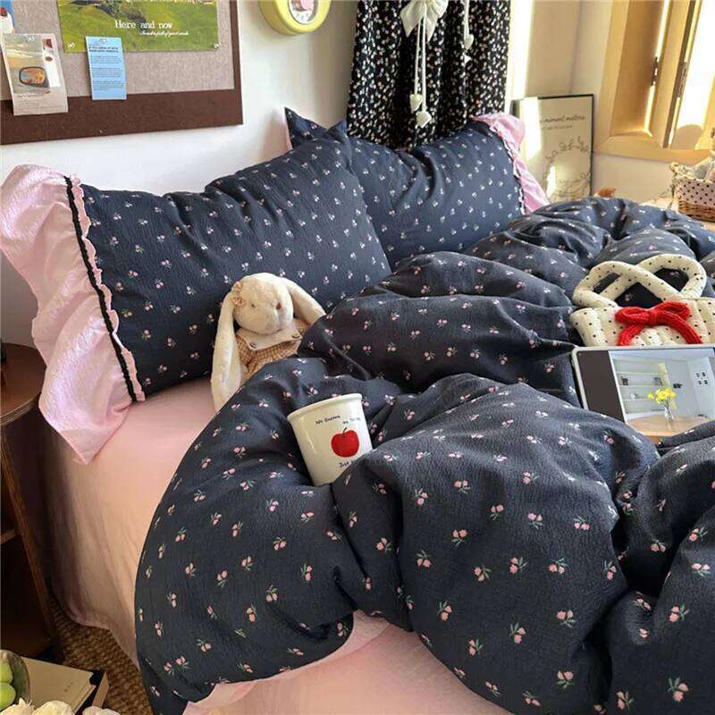 Korean Bedding Set Quilt Cover Pillowcase Flat Bed Sheet Girl Princess Ruffle Home Textile Christmas H260312