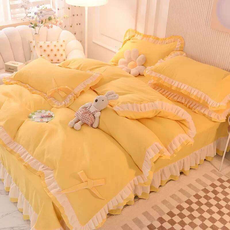 Girls Bedding Sets Kawaii Seersucker Bed Sheet Pillowcase Fashion Princess Duvet Cover Solid Color 4 Pieces Cute Home Decoration H260312