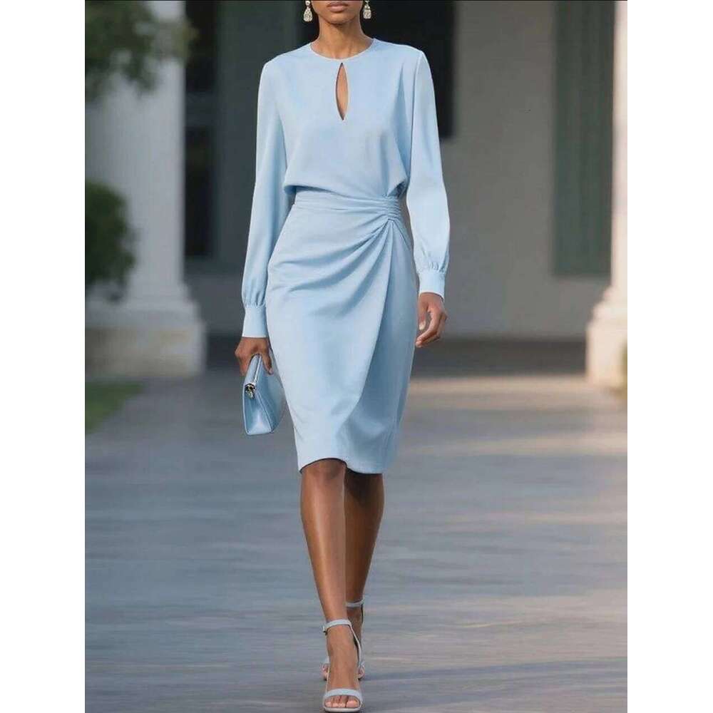 Elegant Woman O Neck Hollow Out Sleeve Office Dress Women Slim A-Line Party Long Dresses C260312