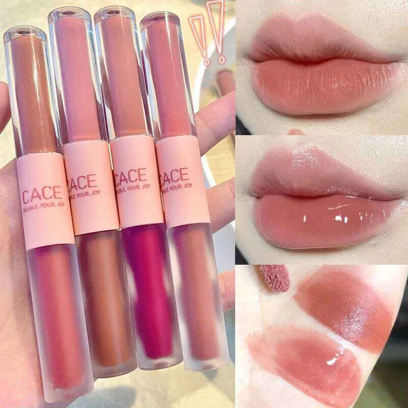 2 In 1 Liquid Lipstick Double Head Matte Mirror Glaze Waterproof Lasting Gloss Moisturizing Velvet Sexy Lip Makeup Tool W260311