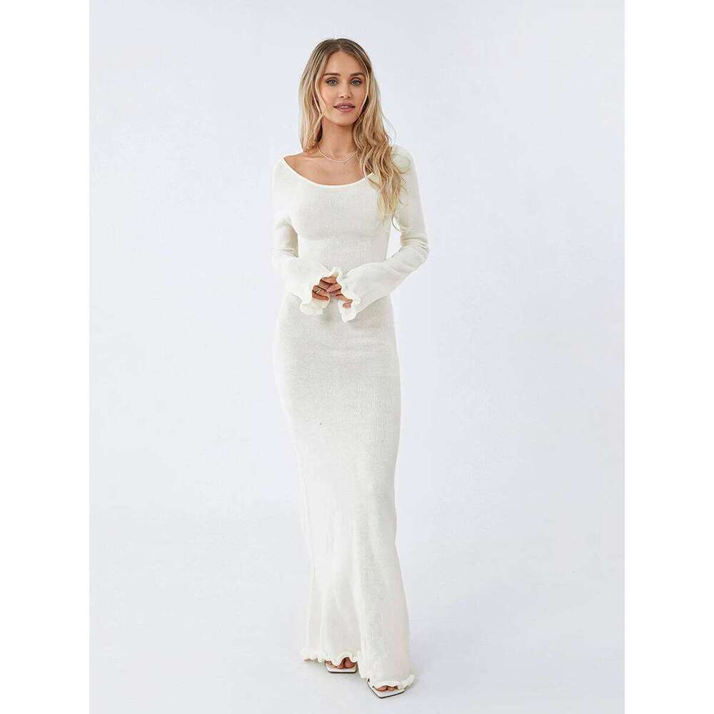Women's Autumn Winter Knitted Bodycon Sleeve Tie Backless Round Neck Solid Color Ruffle Trim Long Dress Beachwear C260312