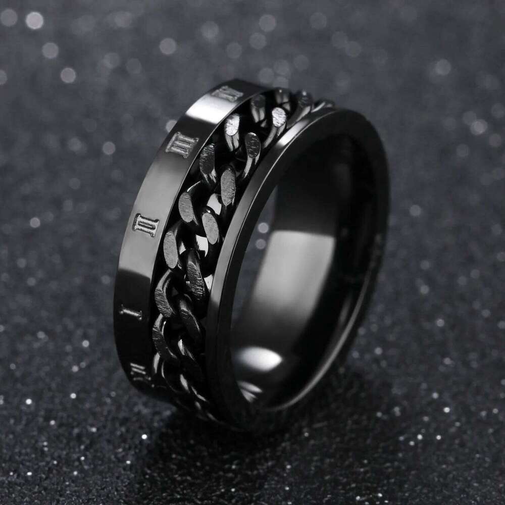 Roman Numerals Stainless Steel Chain Rotating Anxiety Black Rings For Men Fidget Metal Spinner Knuckle Ring Anillos De Hombre H260312