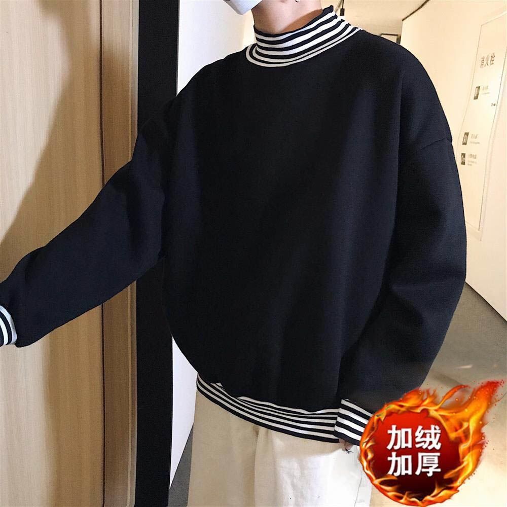 Autumn And Winter Striped High-neck Fleece Sweatshirt For Male Students Designer Hoodie Style Ins Trendy Brand Faux Two-piece Hip-hop Fashion Loose Ja