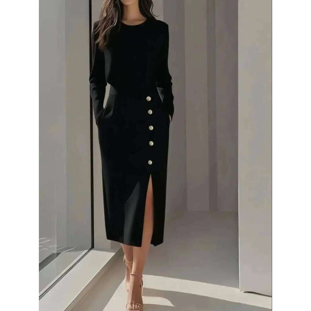 Women's Solid Color Long Sleeves Elegant Midi Dress with Button Details and Side Slit - Crew Neck C260312