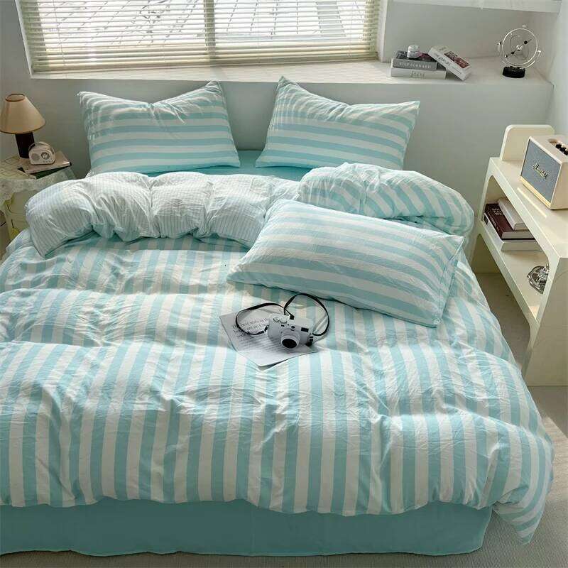 Washed Cotton Striped Style Duvet Bedding Set with Quilt Cover Pillowcase Bed Sheet 200x230 220x240 Skin Friendly Soft H260312