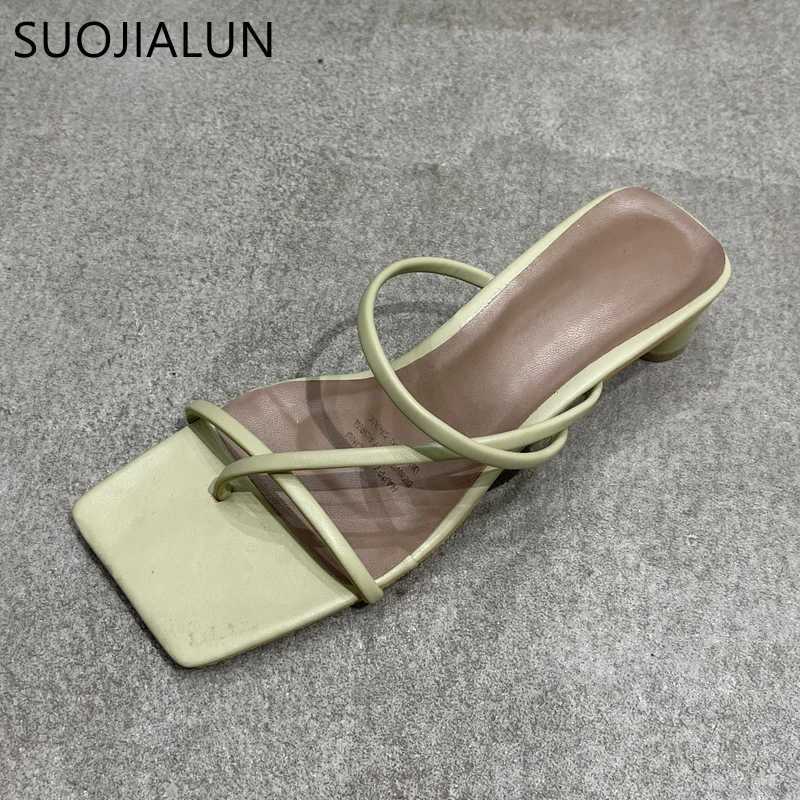 SUOJIALUN Summer Square Low Heel Women Slipper Fashion Narrow Band Ladies Sandal Outdoor Beach Casual Slides Shoes Big Size 40 K260312
