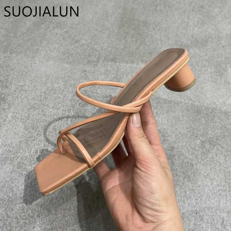 SUOJIALUN Summer Square Low Heel Women Slipper Fashion Narrow Band Ladies Sandal Outdoor Beach Casual Slides Shoes Big Size 40 K260312