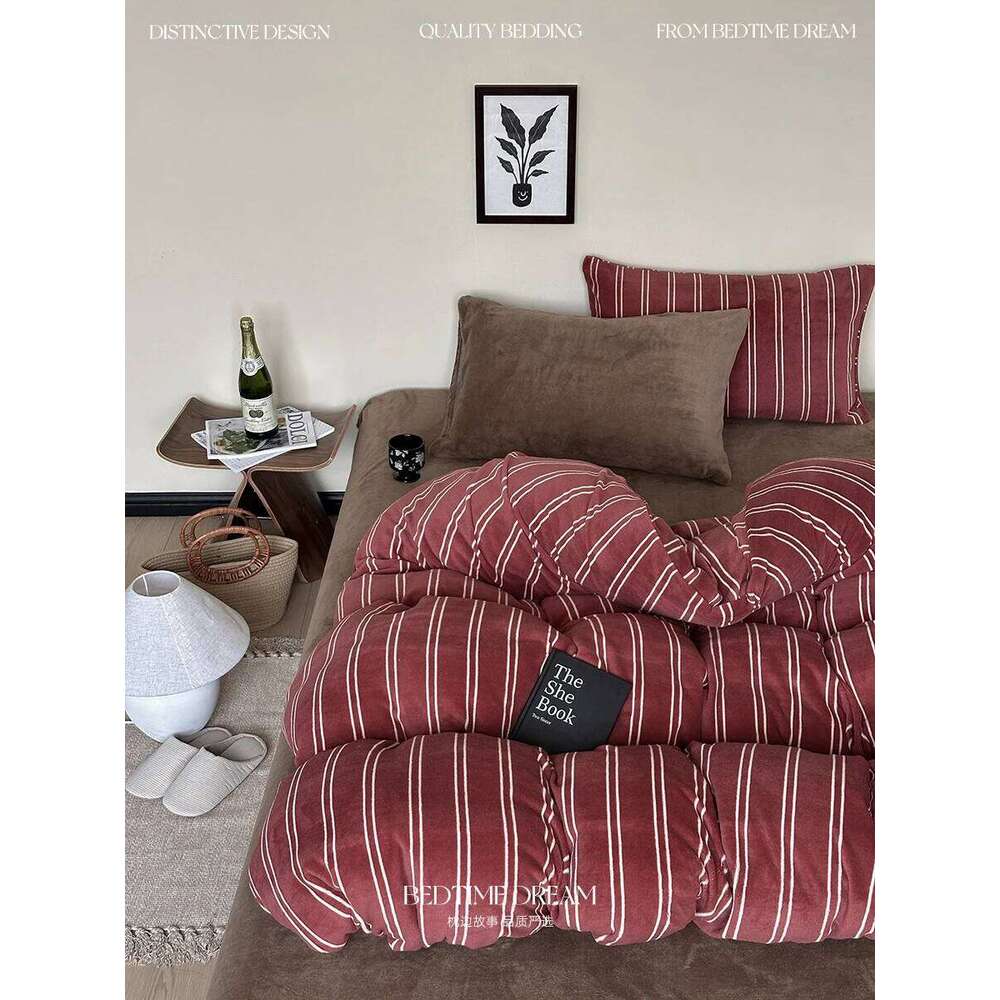 Four-piece set of household retro style red stripes thickened warm quilt cover bed sheet bedding double-sided simple and modern H260312
