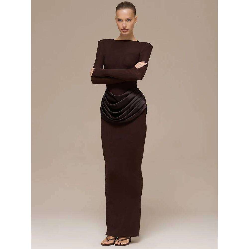 Mozision Sleeve High Waist Ruched Sexy Maxi Dress Women Gown Elegant O Neck Bodycon Club Party Split Long Dresses Female C260311