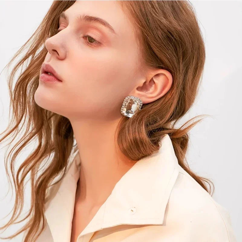 Elegant Gemstone Crystal Big Square Ear Stud Earrings for Women Wedding Clip Bridal Jewelry Accessories 260309