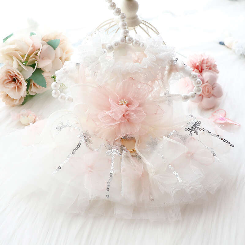 Dog Clothes Summer Thin Princess Lace Dress With Flutter Sleeves And Leash For Small Dogs Teddy Pet 6842 Cross-Border Wholesale