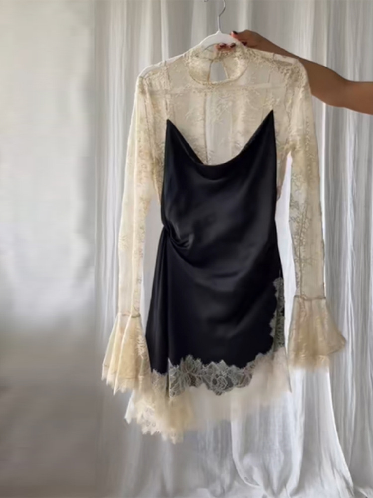 Vintage Contrast Lace Satin Dress for Women Sheer Bell Sleeve Mock Neck Ruched Bodycon Mini Cocktail Dress