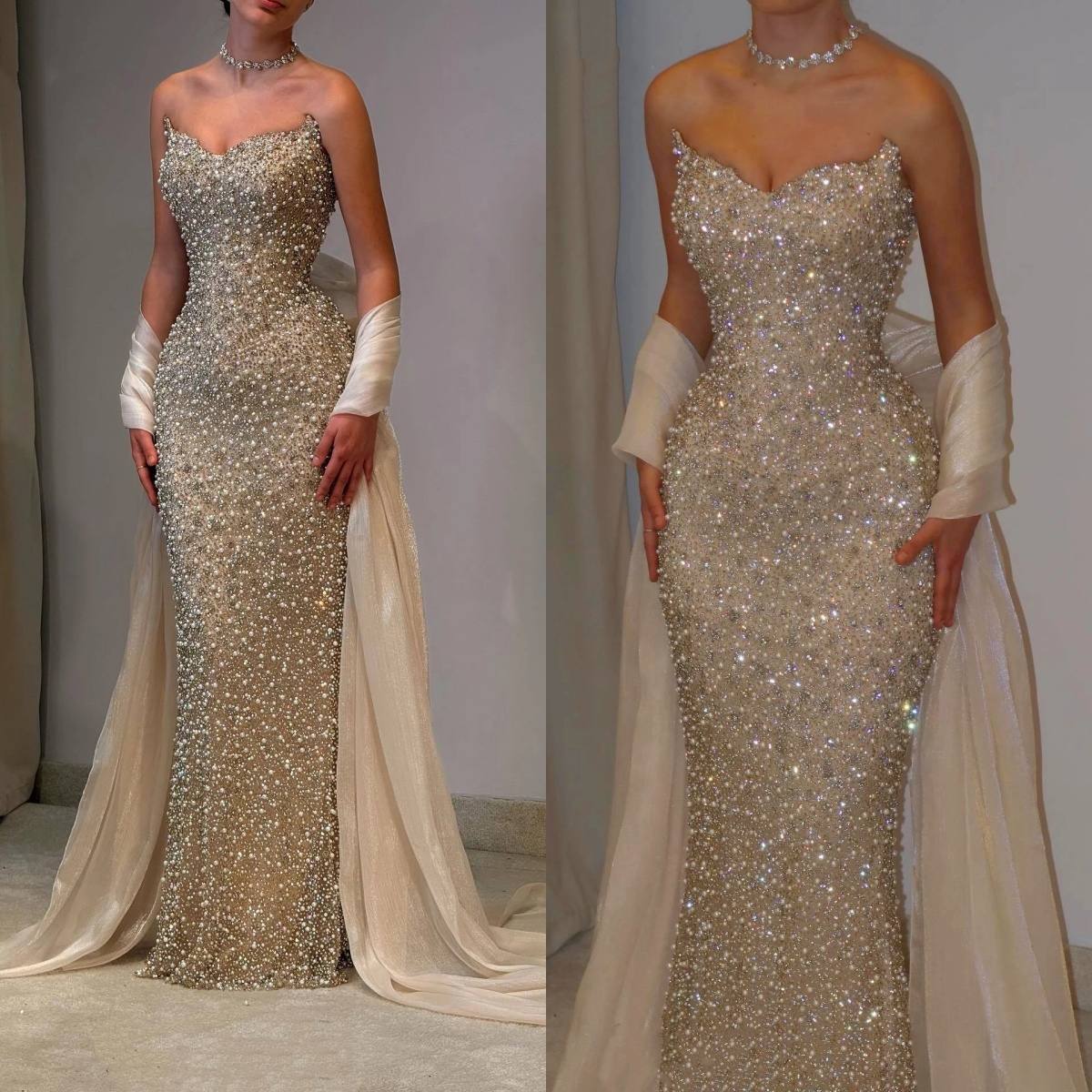 Sparkly Evening Dresses For Women Sweetheart Neck Sleeveless Wrap Gown Sequins Beaded Floor Length Dress Party Customized Dress