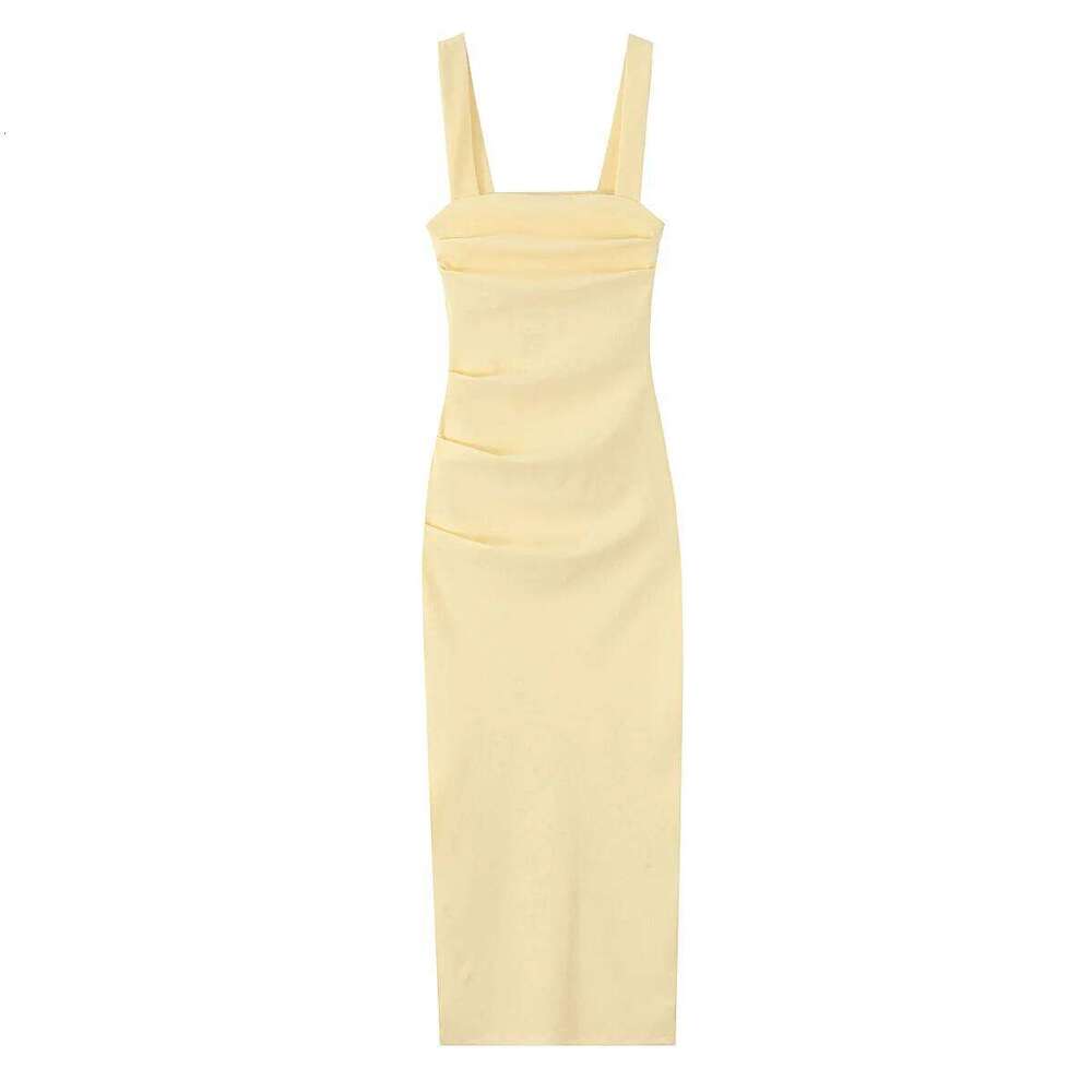 2025 Summer New Arrivals Women's Wear Plain Casual Chic Square Neck Sleeveless Suspender Pleated Midi Dress C260312