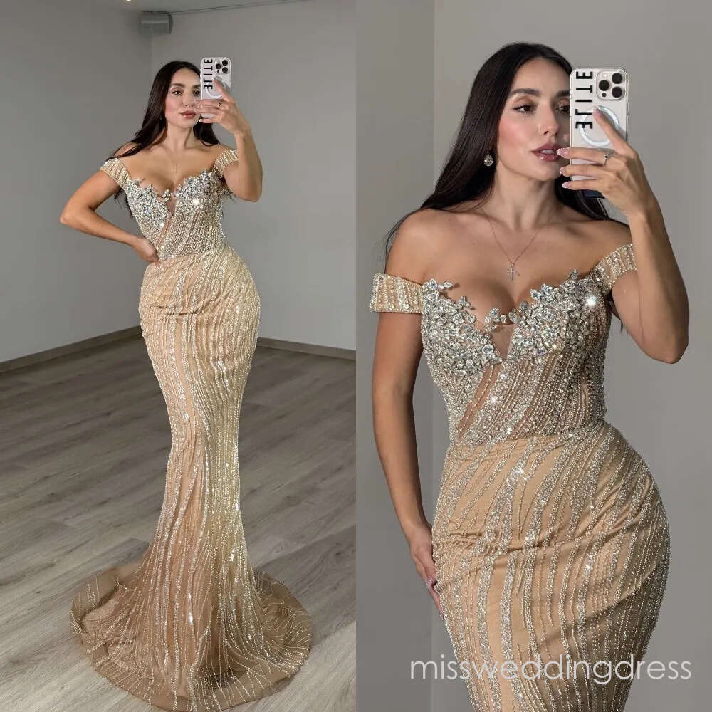 Elegant Evening Dresses Crystal Off Shoulder Prom Dress Sequins Beaded Rhinestone Slim Customized Mermaid Party Gowns Vestidos De Noche Plus Size