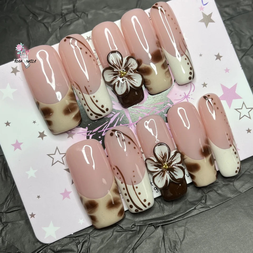 10pcs Blush Pink Press On Nails Handmade 3D Flower False Nail Art Presson Reusable French Style Glossy Almond Fake Nail Tips Art 260307
