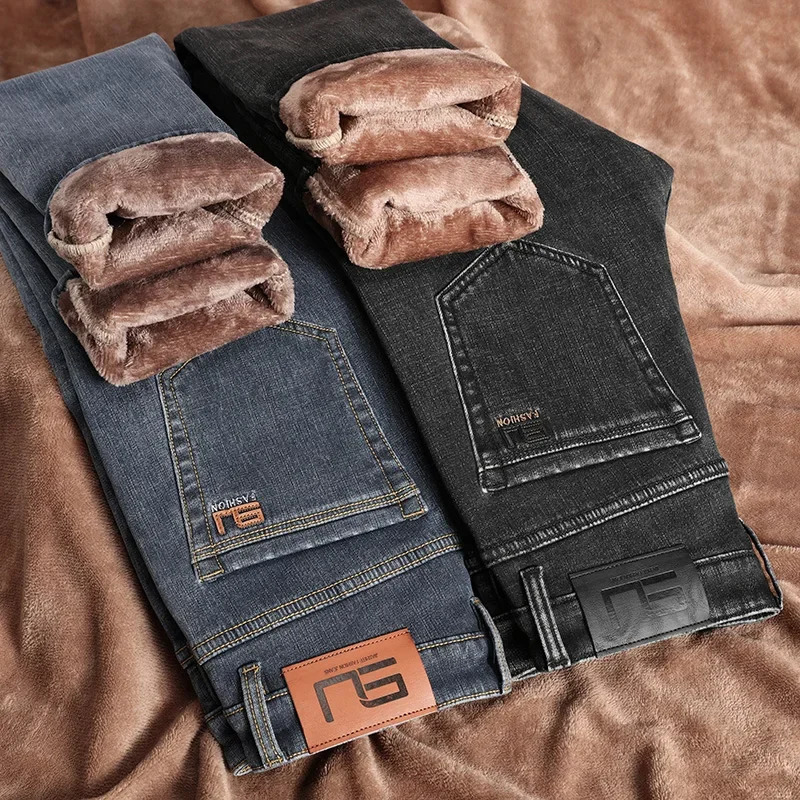 Winter Thickened Fleece Jeans Mens High Quality Slim Straight Elastic Casual Denim Pants Warm Plush Velvet Fashion Trousers 260228