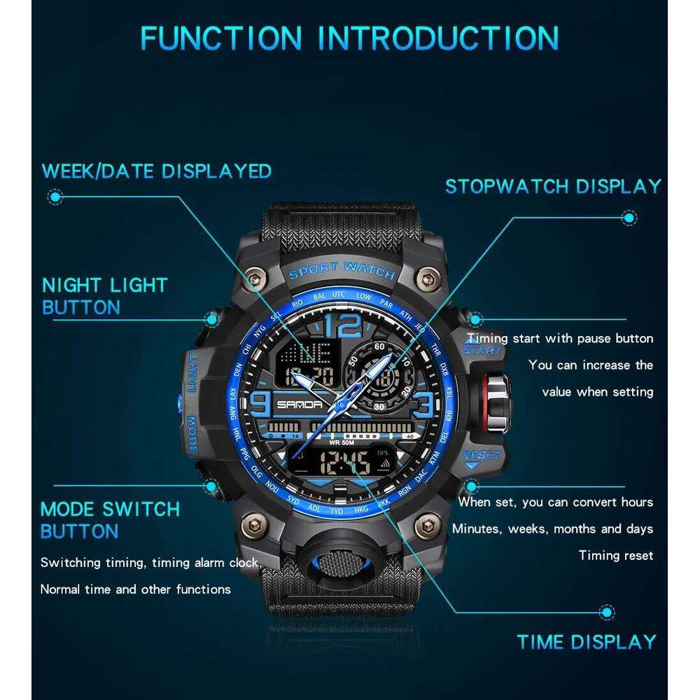 SANDA 3133 Sports Multi functional Dual Display Waterproof LED to Timing Men's Electronic Watch 2025