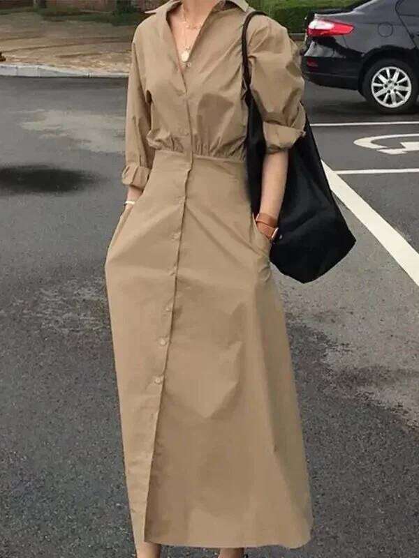 Modigirl Casual Long Shirts 2025 Summer Spring Clothes Khaki Puff Sleeves Botton Simple Maxi Dresses for Women C260312