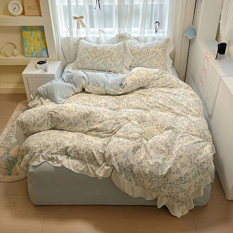 Floral print Korean style Princess Lace Bedding Duvet Cover Set Washed Cotton Flat Sheet set Queen For Girl Decor Home H260312