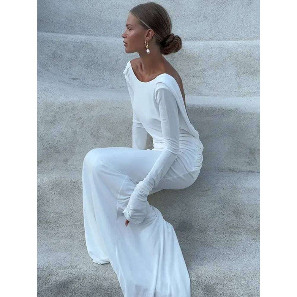 Chic Backless White Sleeved Slim Fit Dress for Women Pleated Elegant Round Neck Long Dresses 2024 New Female Evening Gowns C260311