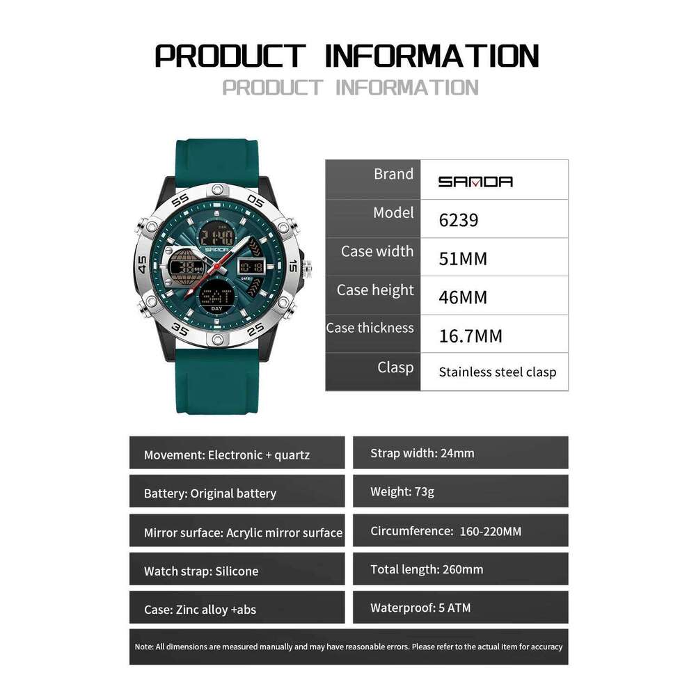 SANDA new 6239 fashionable men's sports watch with displays and dual movements, multifunctional 5ATM waterproof gift