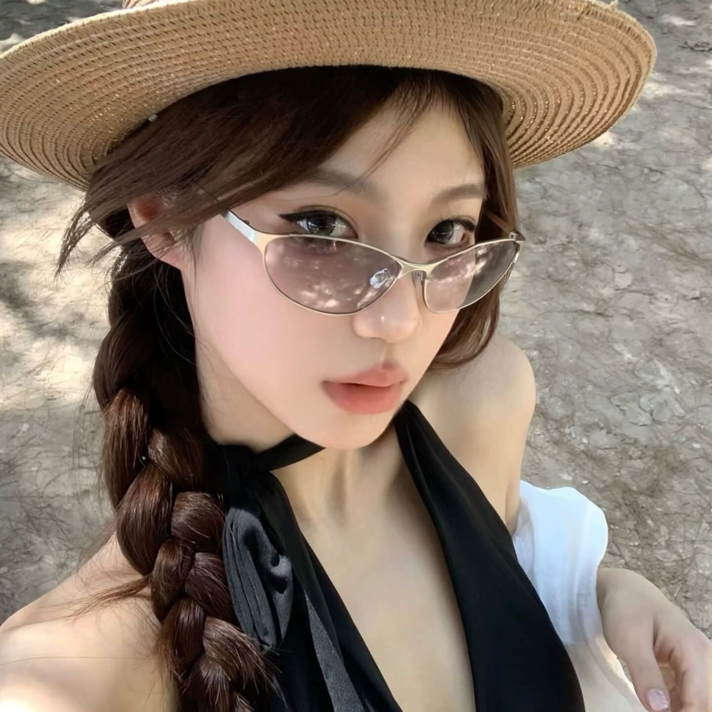 New Hot Girl Street Style Metal Cat Eye Concave Shape American Retro for Women UV Protection Sunglasses