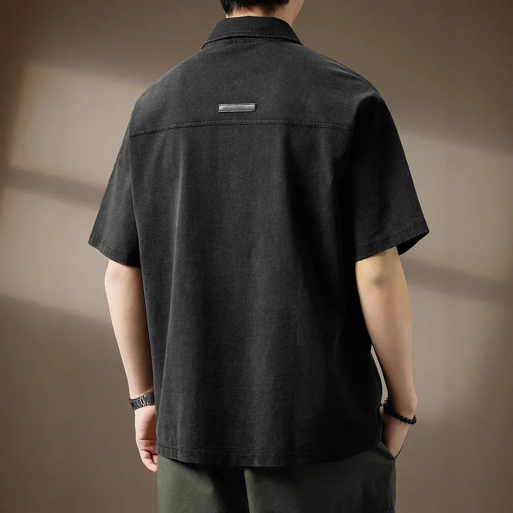 Summer Mens Denim Polo Shirts American Style Lapel Short Sleeved Loose Tees Shirt High-end Mens Thin Trendy Tops 260311