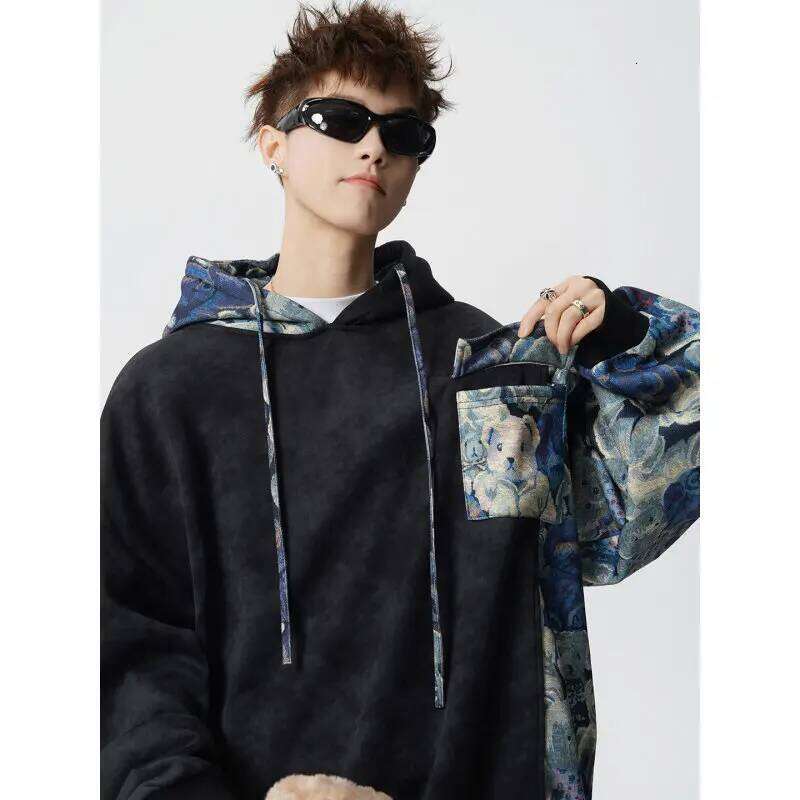2026 New Retro Floral Print Men's Hoodie Tie Dye Patchwork Contrast Sleeve Oversized Streetwear Hooded Sweatshirt