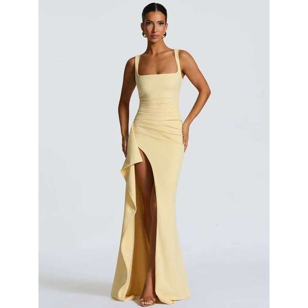 Elegant Spaghetti Strap Sexy Maxi Women Gown Fashion Sleeveless Backless Thigh High Split Draped Club Long Dress C260312