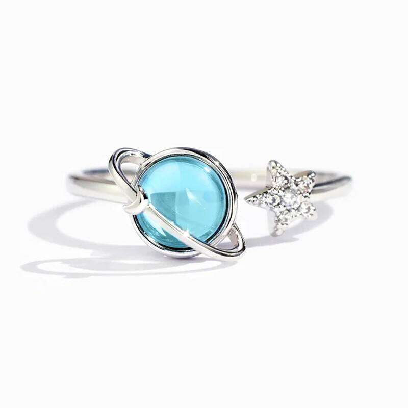 Huitan Blue Planet and Silver Color Star for Women Uniquely Designed Creative Opening Rings Fancy Cute Party Jewelry Gift H260312