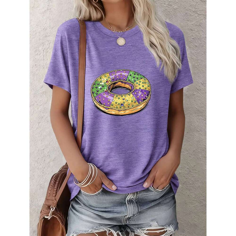 Women's Mardi Gras Short-Sleeve Tee Cartoon Carnival Food Prints For Casual Outings/Gatherings/Gifts | Multi-Color Options Z260312