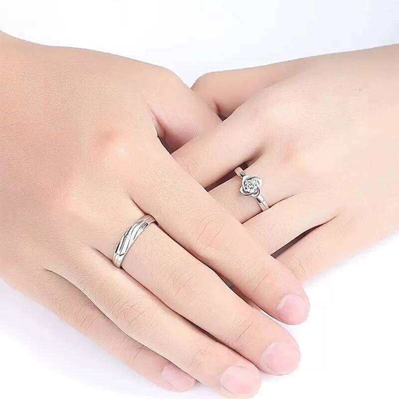 Couple's Four-Leaf Clover Rings Open Finger Silver Wedding Bands Custom Valentine's Day Gift Lucky Birthday Jewelry W260311