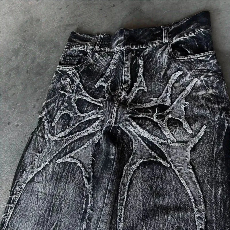 Gothic Retro Baggy Unisex Mopping Pants Y2K Phantom Jeans High Street Spider Embroidered Patch Hip Hop Streetwear Straight Jeans 260310