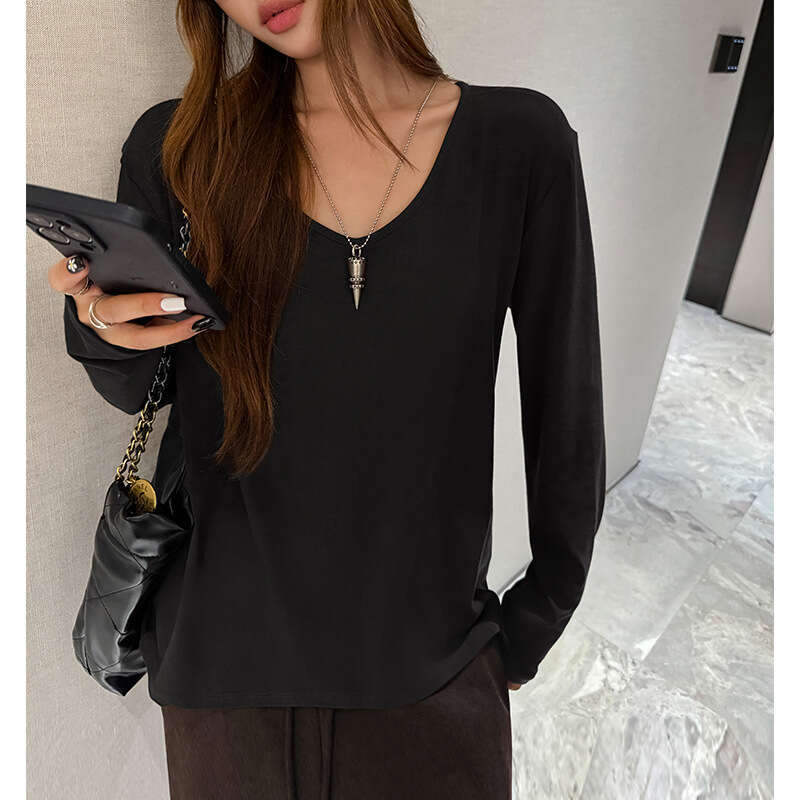 Premium Gray Long-Sleeve T-Shirt For Women, Autumn And Winter, V-Neck, Loose, Casual, Versatile, Suitable As A Base Layer