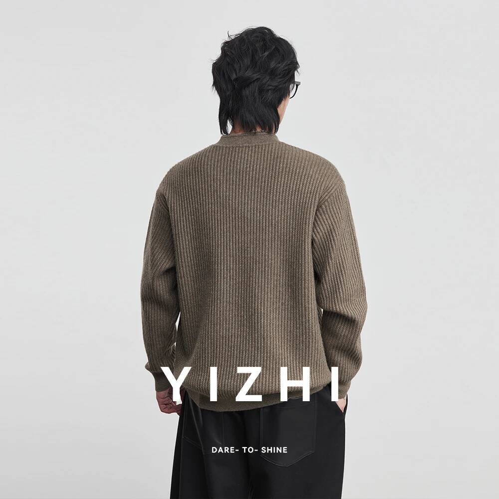 Fashion Men's 7-needle Henley Collar Vertical Knit Sweater 2026 Spring New Loose Solid Color Versatile Long Sleeve Pullover