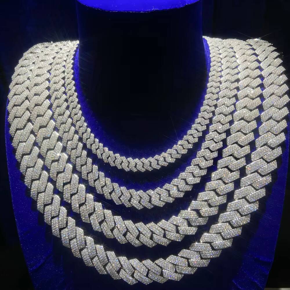 Hip Hop Jewelry 2 Rows 12mm Gold Plated Ice Out Vvs Moissanite Diamond 925 Sterling Silver Cuban Link Chain Necklace