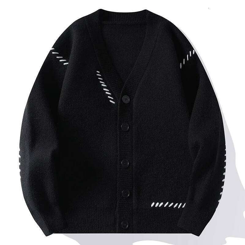 Autumn Winter V-Neck Knit Cardigan Men Harajuku Patchwork Loose Knitted Sweater Outerwear Coat Mens Fashion Casual Streetwear