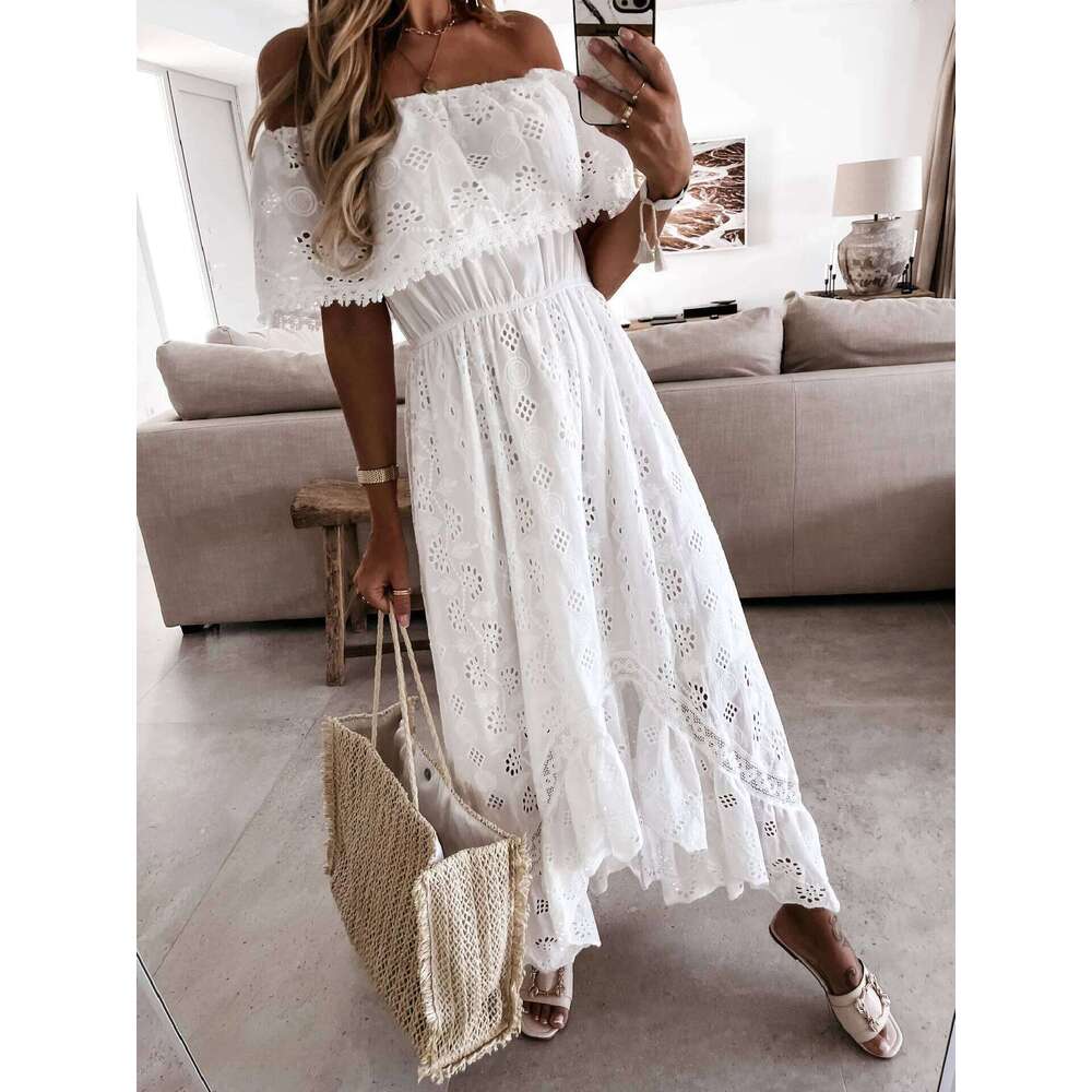 Summer White for Women 2025 Lace Hem Bohemia Short Sleeve High Waist V-Neck Long Casual Ruffle Dress C260312