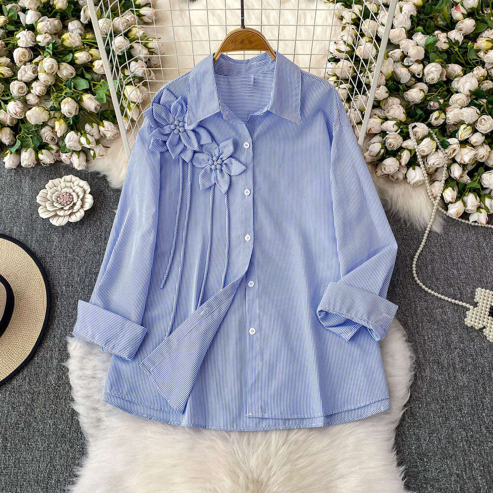 2026 Spring a23 and Summer Korean Style Designer 3D Flower Collar Women's Long Sleeve Shirt Summer Striped Loose Top